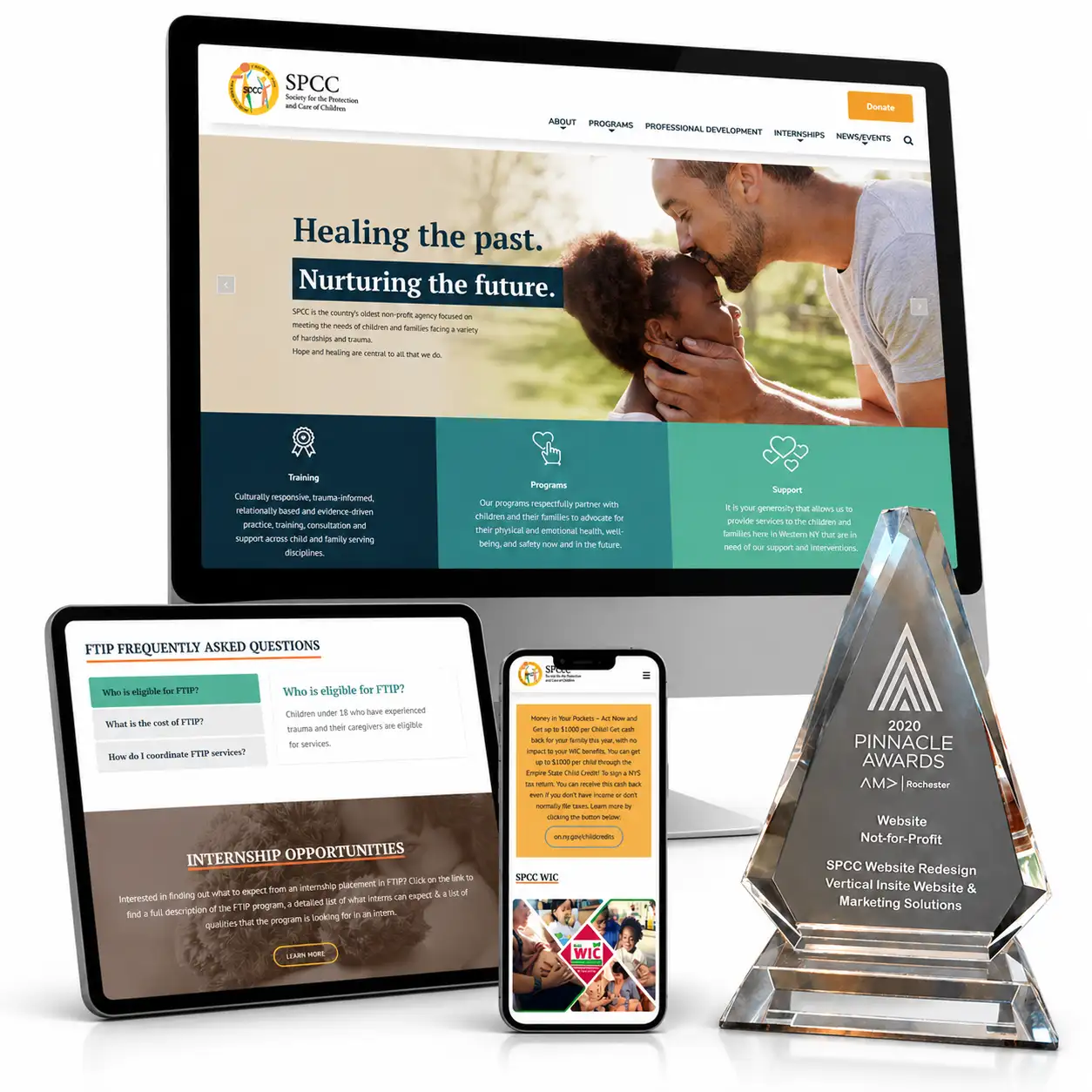 SPCC nonprofit website redesign shown across desktop, tablet, and mobile screens