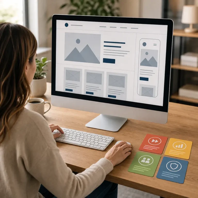 Woman working at a desktop monitor on a website wireframe with four strategy cards arranged beside her on the desk