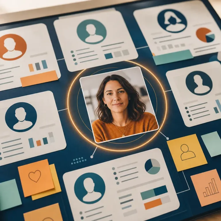 Human-centered buyer persona strategy board with a real person highlighted among generic audience profiles