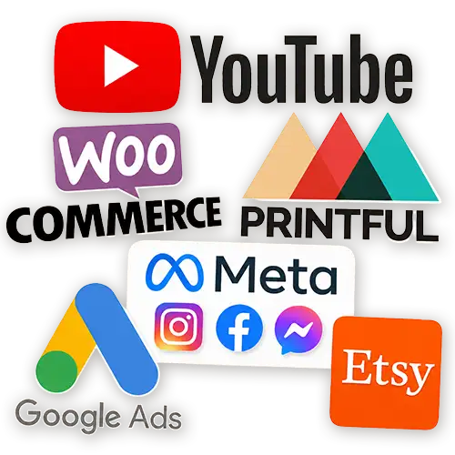WooCommerce, Printful, Etsy, Facebook, YouTube, Pinterest, Instagram, and Google Ads platform ecosystem