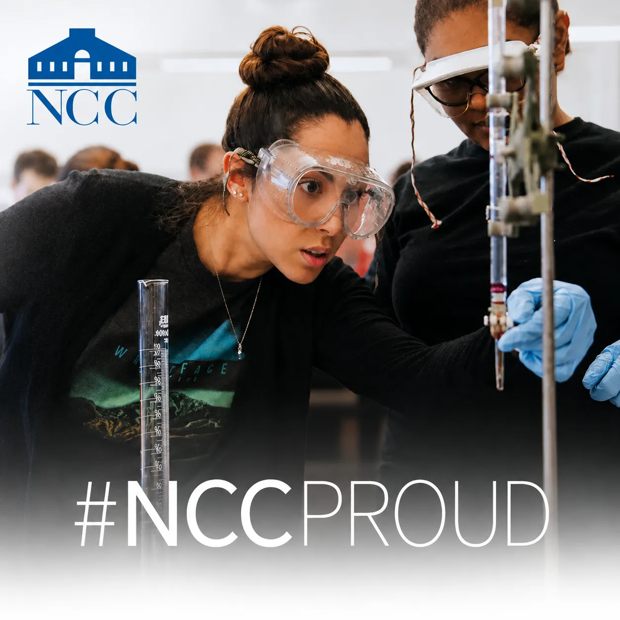 Norwalk Community College student doing experiment in chemistry class, featured with the NCC logo