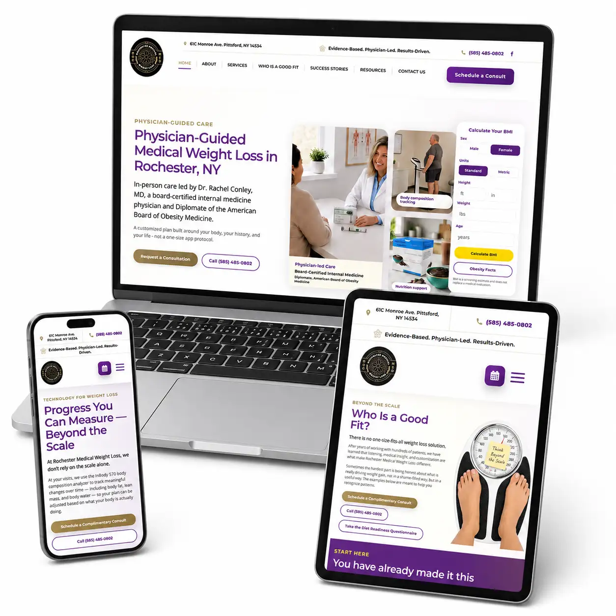 Rochester Medical Weight Loss responsive website redesign shown on laptop, tablet, and mobile devices
