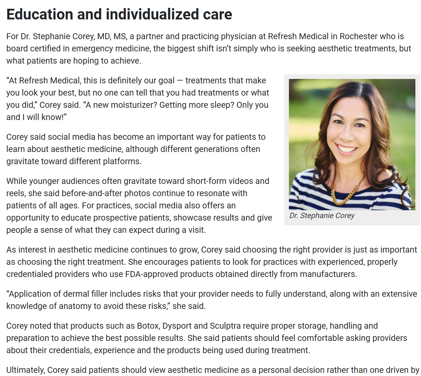 Rochester Business Journal excerpt featuring Dr. Stephanie Corey on education and individualized care