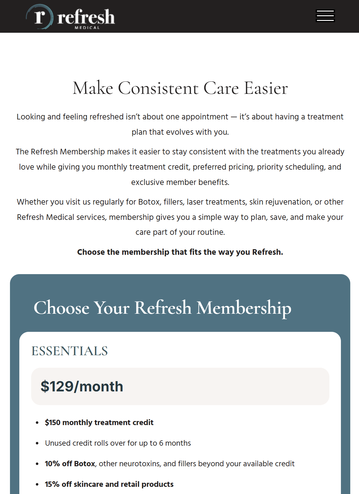 Refresh Medical membership page on tablet